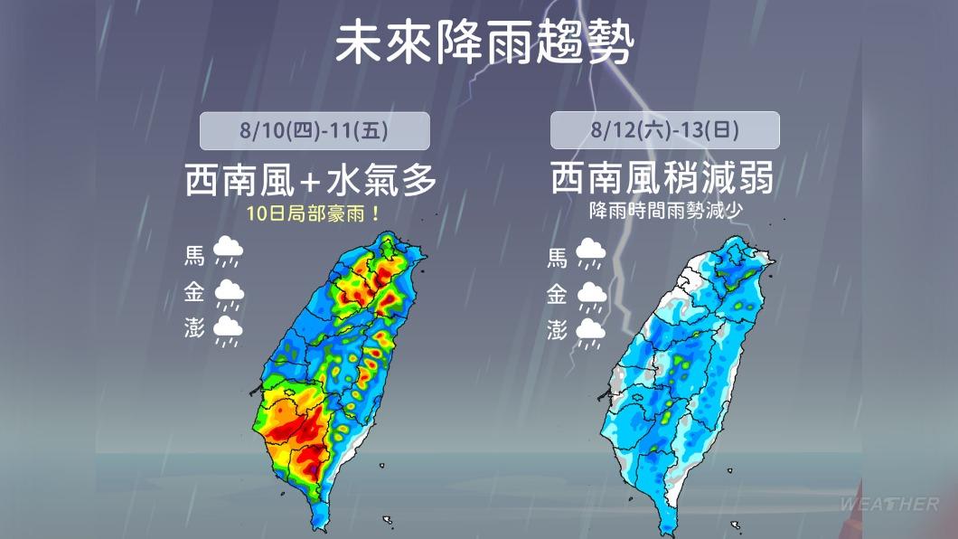 受西南風影響，西部易有短時強降雨。（圖／TVBS）