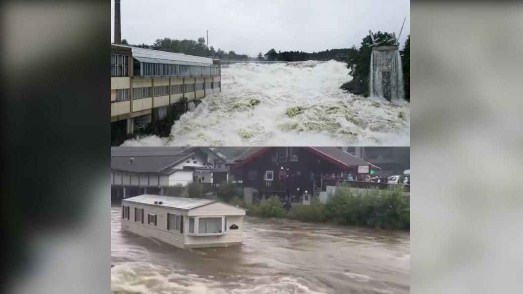 挪威水壩潰堤引發洪水，房屋被暴漲河水沖走。（圖左／達志影像美聯社，圖右／翻攝自BBC）