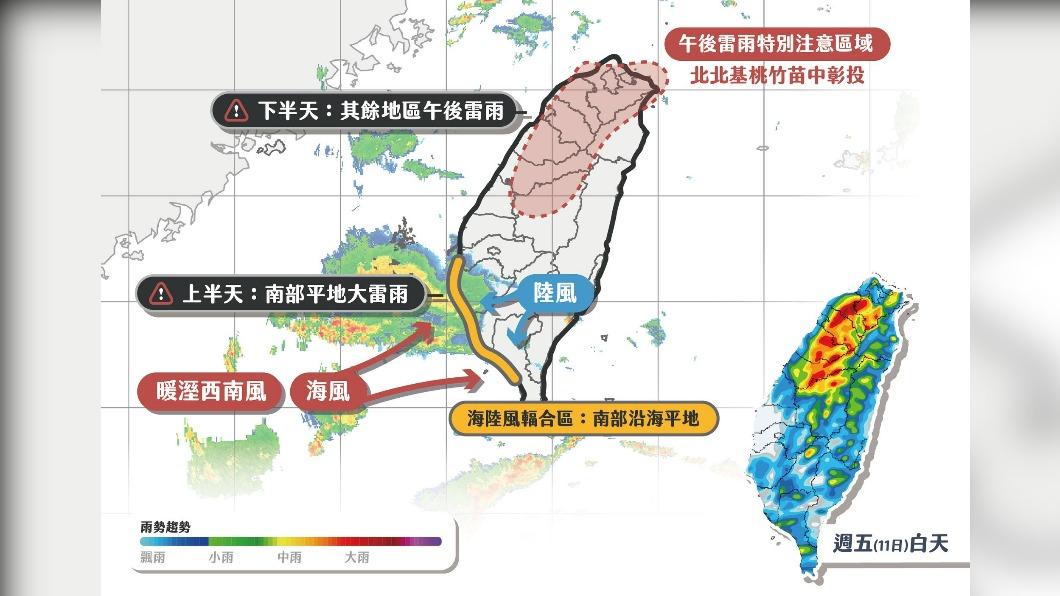 今（11）日大雷雨區域是「由南往北」。（圖／翻攝天氣即時預報臉書）