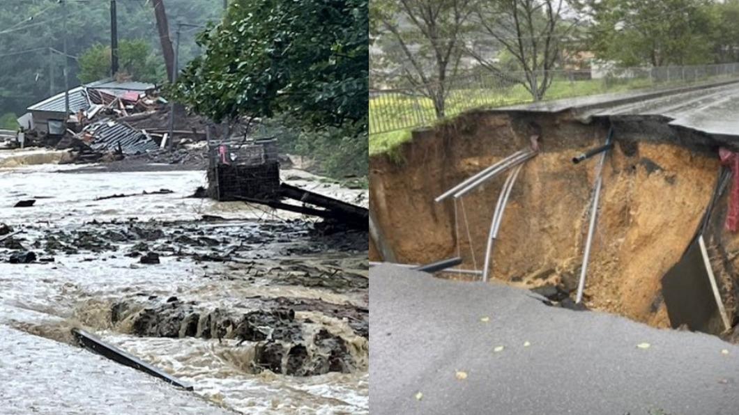蘭恩颱風挾帶狂風暴雨，導致河川氾濫、路面塌陷。（圖／翻攝自推特@ryoutan_np）