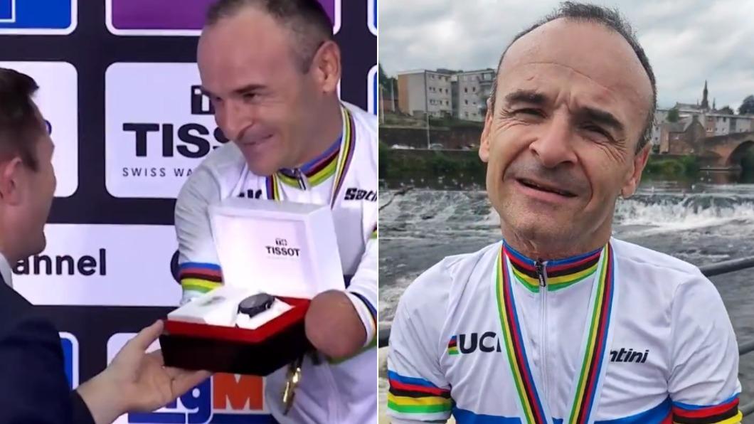 西班牙「無臂自行車手」阿吉萊斯獲頒2支手錶引發熱議。（圖／翻攝自Twitter@OutOfCycling、@Medyanin50Tonu）
