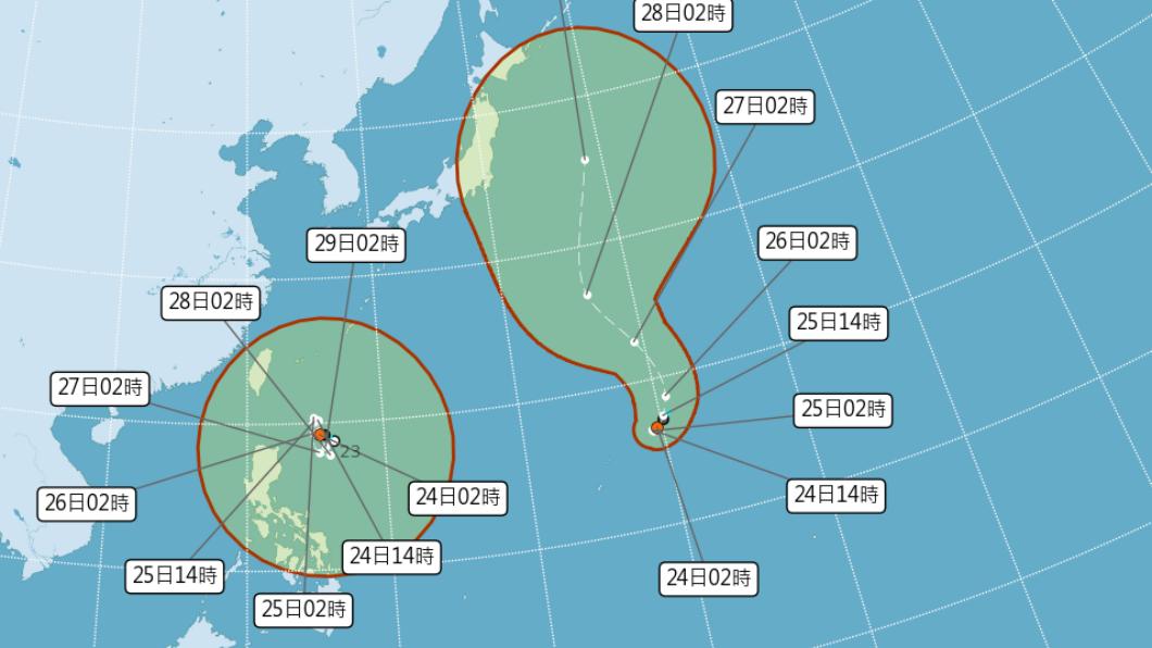西北太平洋目前有兩個熱帶性低氣壓TD10和TD11。（圖／氣象局）