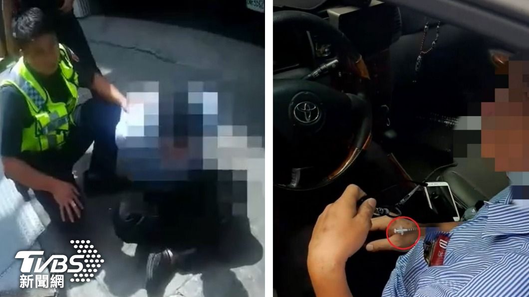 陳男在車上吸毒被警方拉出車外。（圖／TVBS）