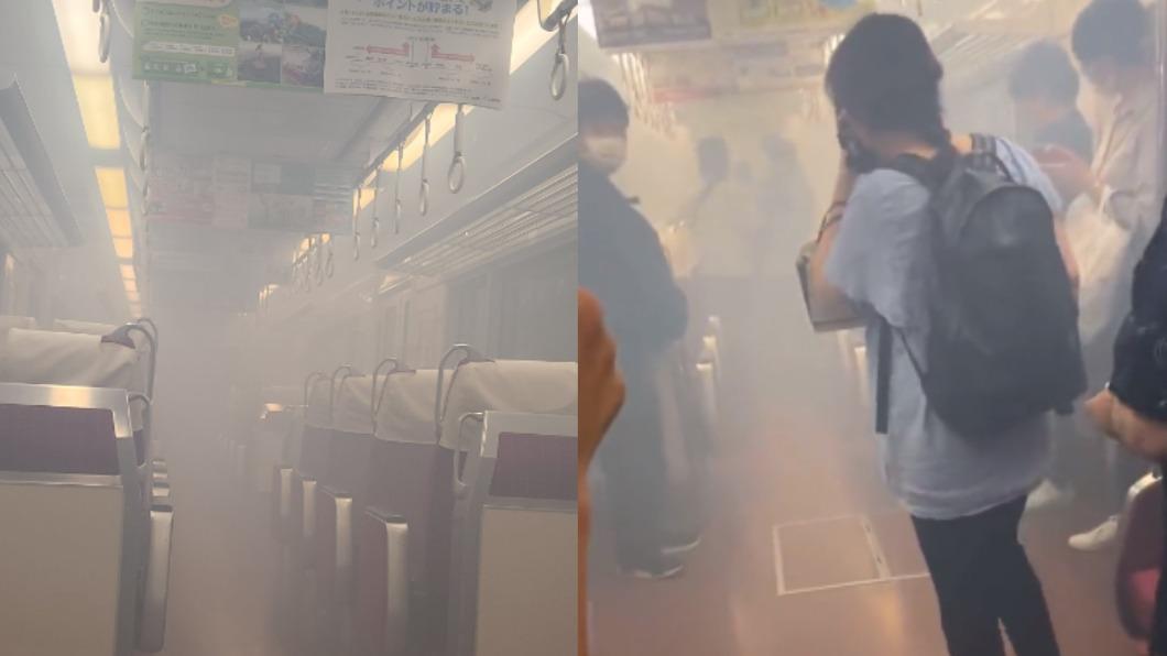 阪神電車的車廂突然竄出濃煙。（圖／翻攝自推特@mezotaro、@Lotus1204）