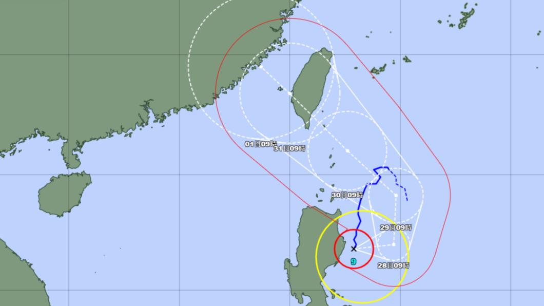 日本氣象廳預測蘇拉颱風最新路徑。途中時刻為日本時間，較台灣時間快1小時。（圖／翻攝自日本氣象廳網站）