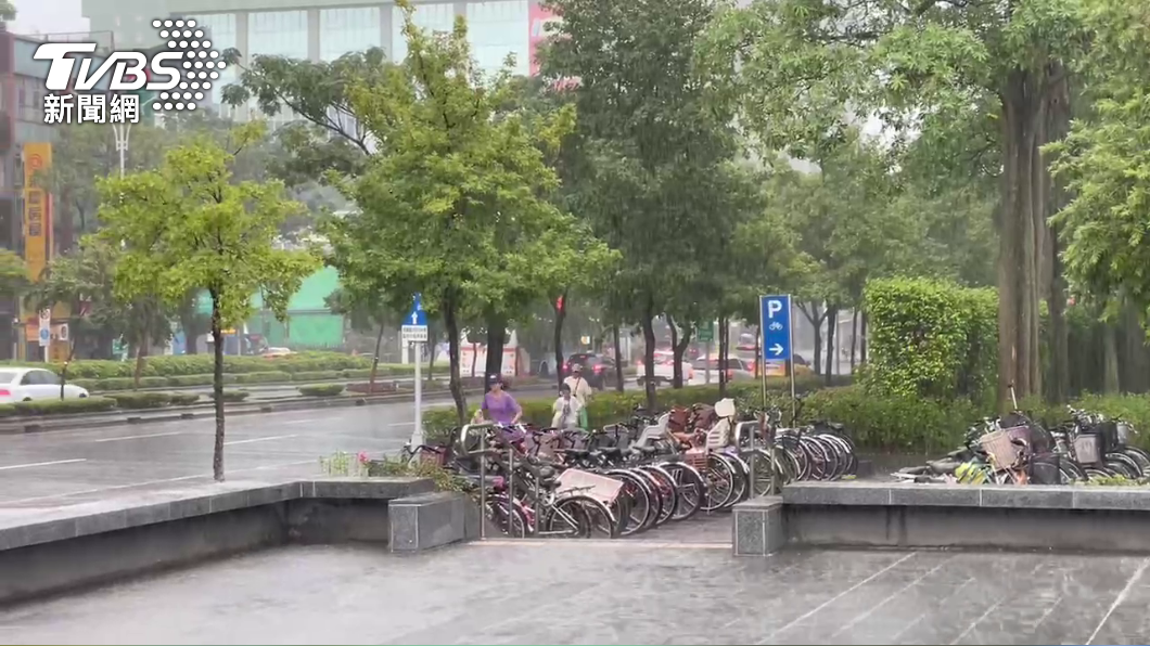 台北市大安森林公園午後降下大雨。（圖／TVBS）