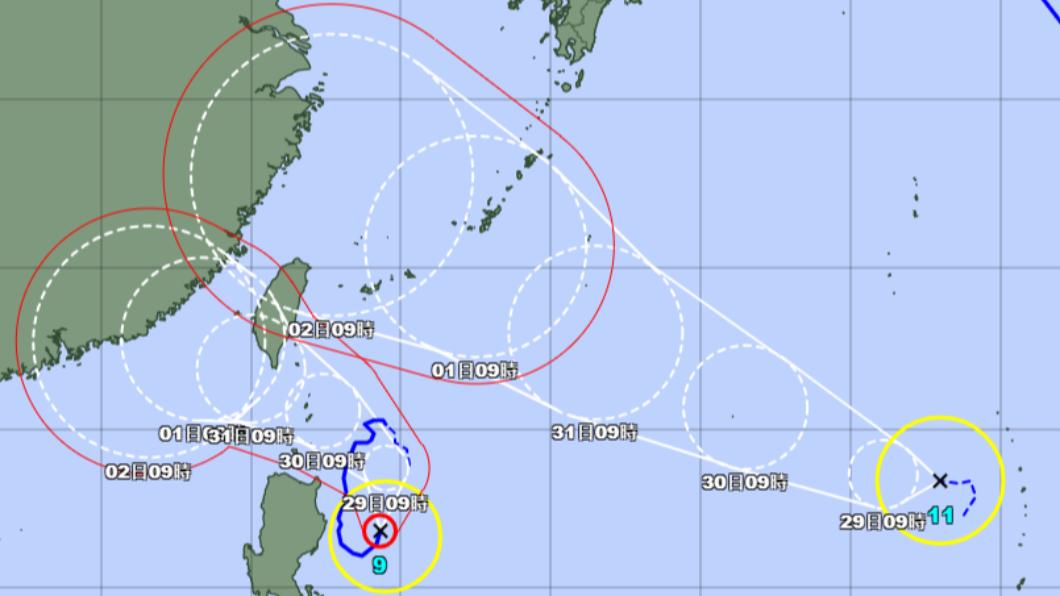 日本氣象廳預測蘇拉和海葵颱風路徑。（圖／翻攝自日本氣象廳）