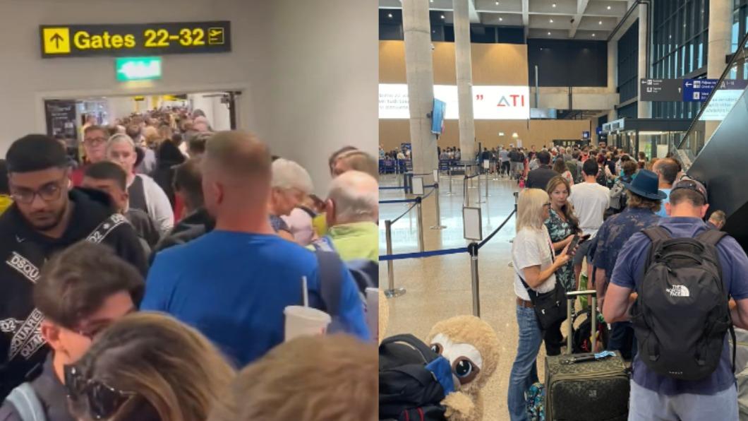 系統問題導致大量航班延遲或取消，受影響的民眾困在英國或歐洲各地機場。（圖／翻攝自推特@mavroboy、@business） 英國航管系統出包！逾千航班延遲取消　旅客受困西葡等地