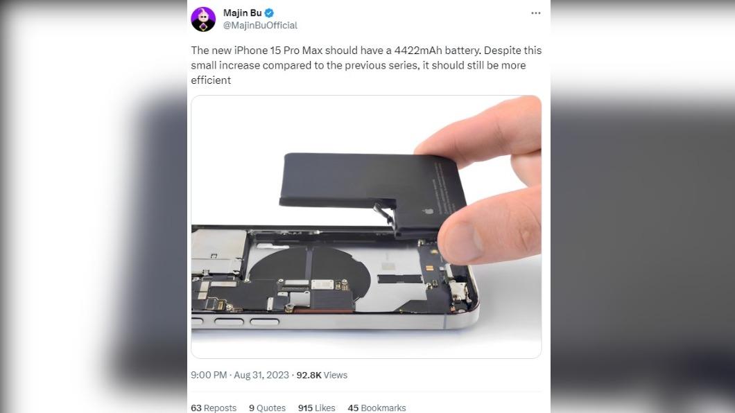 「Majin Bu」爆料，iPhone 15 Pro Max電池容量僅增加2％左右。（圖／翻攝自推特＠MajinBuOfficial）