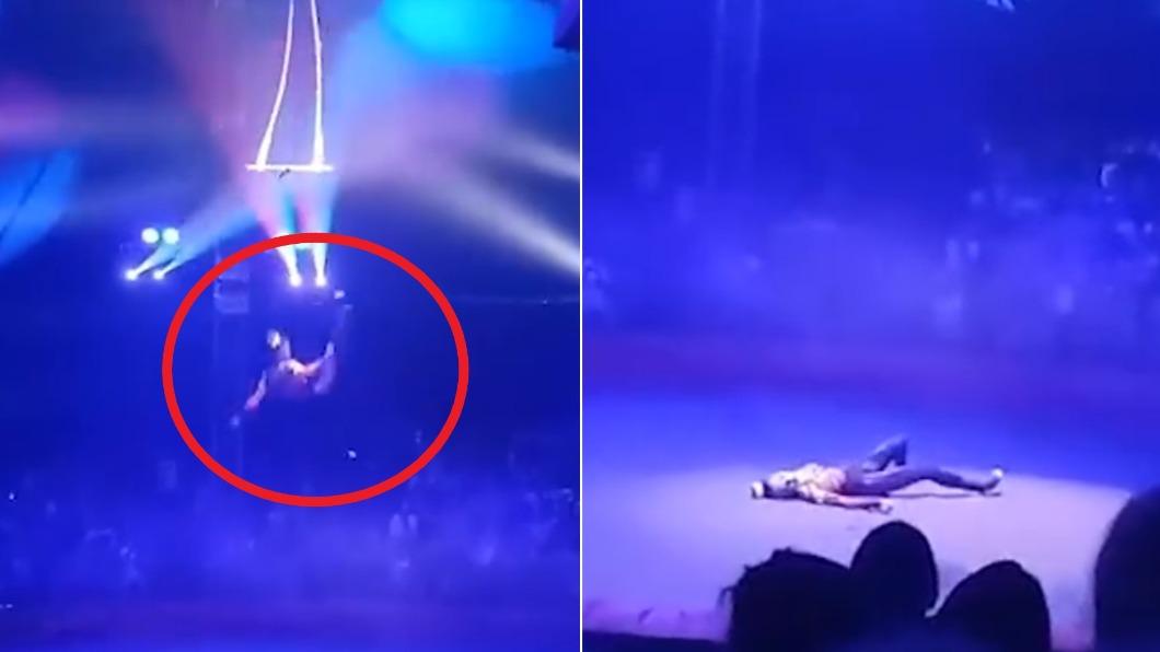 俄羅斯馬戲團的1名女特技演員發生意外。（圖／翻攝自Twitter@andersen7474） 有片／馬戲團正妹高空墜落！「腦袋重擊地面」一動也不動
