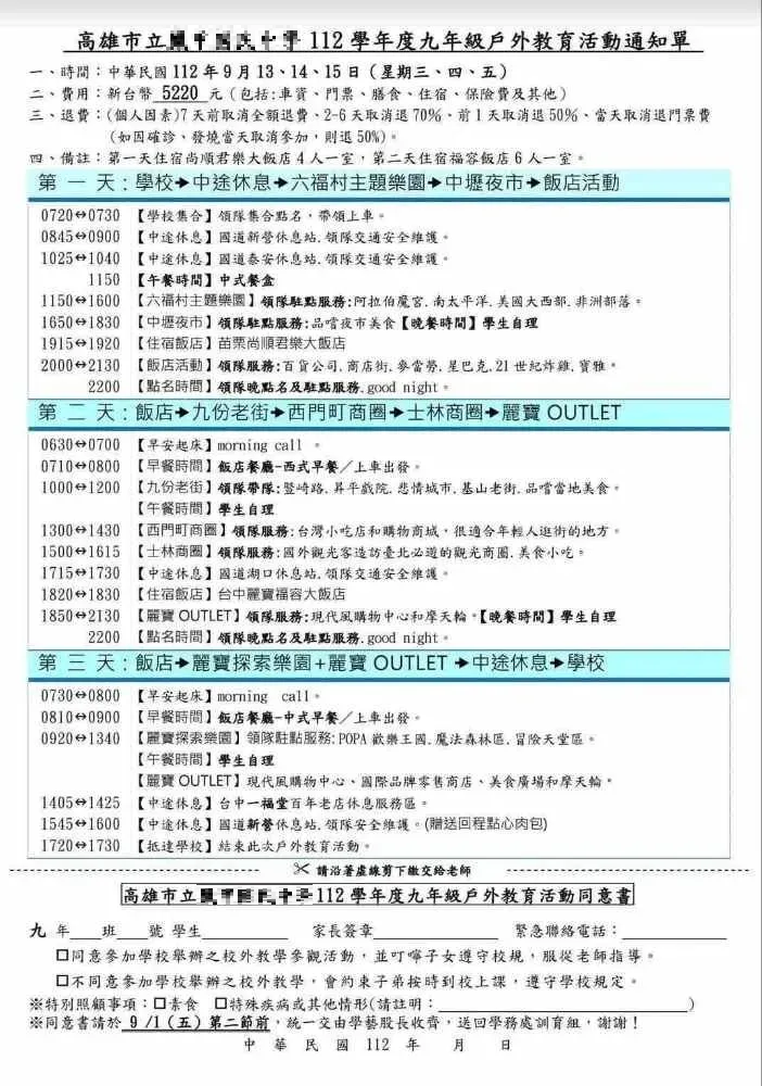國中畢旅行程曝光,午晚餐都學生自理,家長氣炸。(圖/翻攝自PTT)