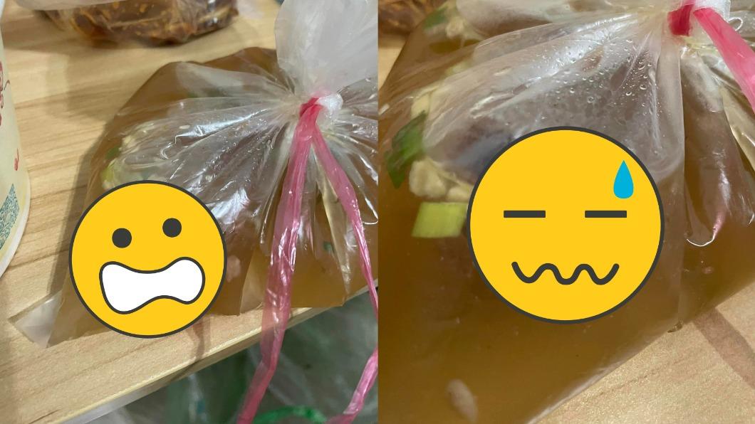 有網友透過外送點吃「宜蘭知名牛肉麵」，不料湯包內竟有巨型小強。（圖／翻攝自「爆廢公社二館」臉書）