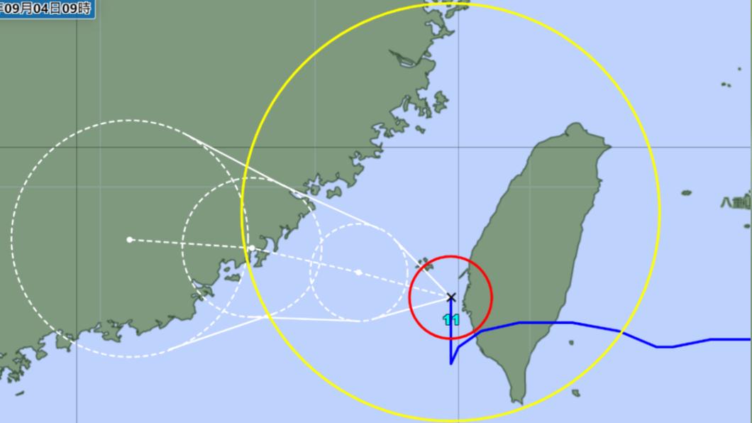 海葵颱風強度減弱，但根據氣象廳數據，強風區域（圖中黃線範圍）仍然籠罩全台灣。（圖／翻攝自氣象廳網站）