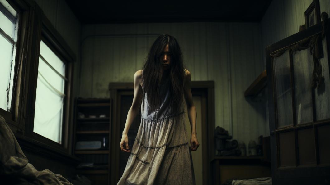 一名身穿裙裝，姿態詭異的長髮女人，光腳碎步跑進房內。(示意圖/AI生成) 