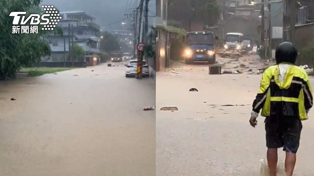 新北市新店直潭附近因大雨造成土石坍方，道路成小黃河。（圖／TVBS）