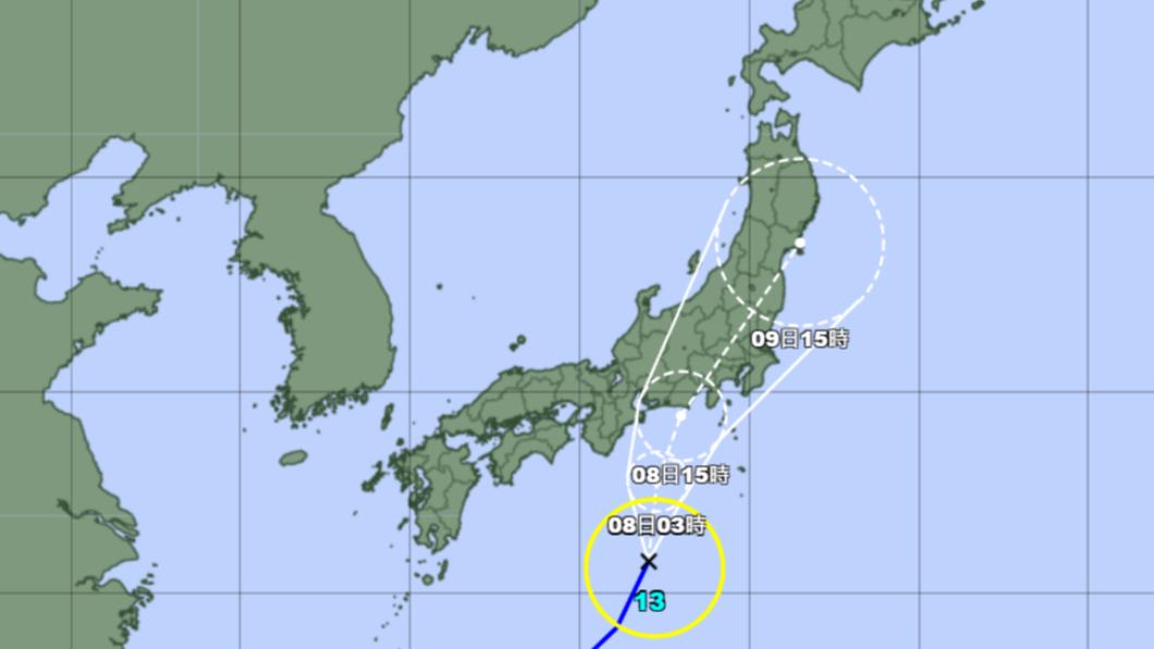 日本氣象廳預測最新路徑，鴛鴦颱風將可能貫穿日本關東至東北地區。（圖／翻攝自氣象廳網站）