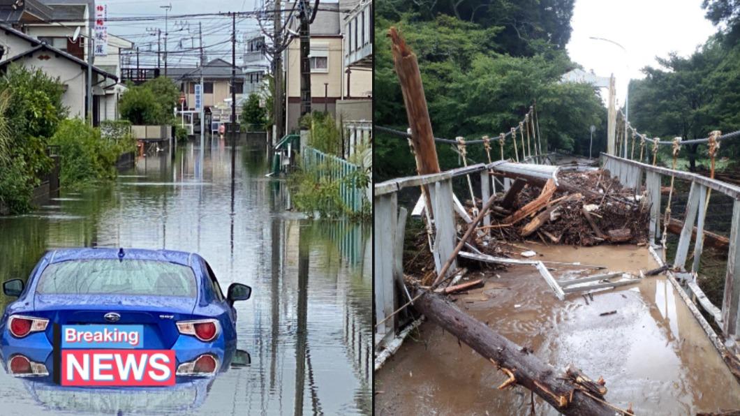 鴛鴦颱風導致日本多地淹水、橋梁毀壞。（圖／翻攝自推特@TOKUMUHEI_JPN、youroukeikoku）
