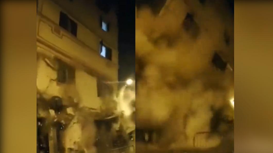 馬拉喀什（Marrakech）公寓一搖就垮，強烈晃動後「瞬間粉碎」。（圖／翻攝自 推特@Truthpole）