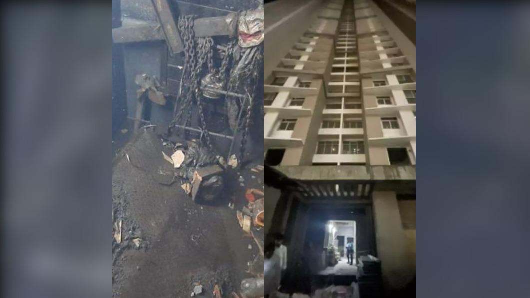 印度馬哈拉施特拉邦（Maharashtra）一棟工地內的電梯從40樓「直墜」地下3樓。（圖／翻攝自 推特）