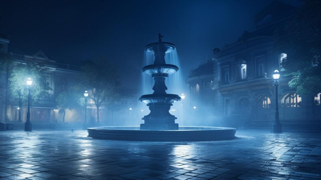 廣場庭院的燈飾粉塵滿布，勉為其難地輕透幽冷藍光，歐風水池頹喪在側，水面安然靜默。(示意圖/AI生成)
