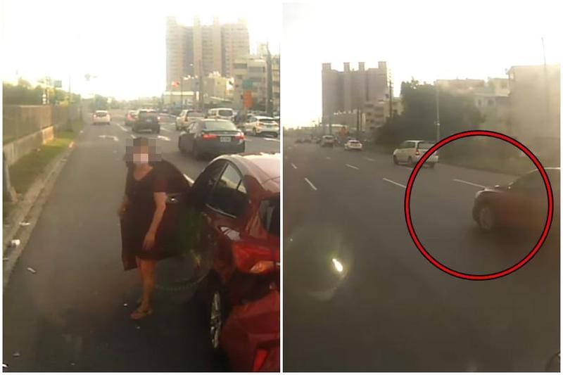 一名小貨車司機昨行經高速公路時，突然右側一輛紅色轎車連續切換3車道，造成擦撞。（圖／翻攝自爆廢公社二館）