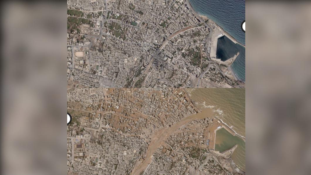 衛星對比照曝德爾納（Derna）社區被沖入海慘況。（圖／翻攝自《BBC》）