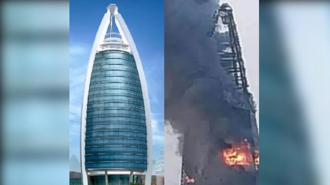 首都喀土穆（Khartoum）地標摩天大樓「大尼羅河石油公司大樓」慘遭內戰波及燃起大火。（圖左／翻攝自FB@Greater Nile Petroleum Operating Co. Ltd.，圖右／翻