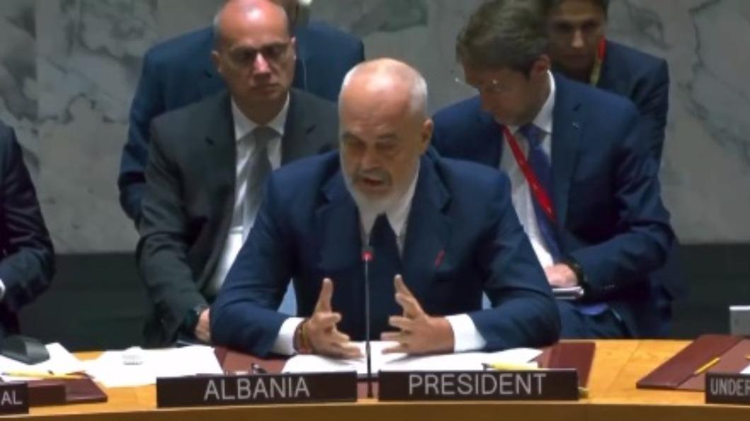 安理會輪值主席國阿爾巴尼亞總理發言。（圖／翻攝自Volodymyr Zelenskyy 推特）