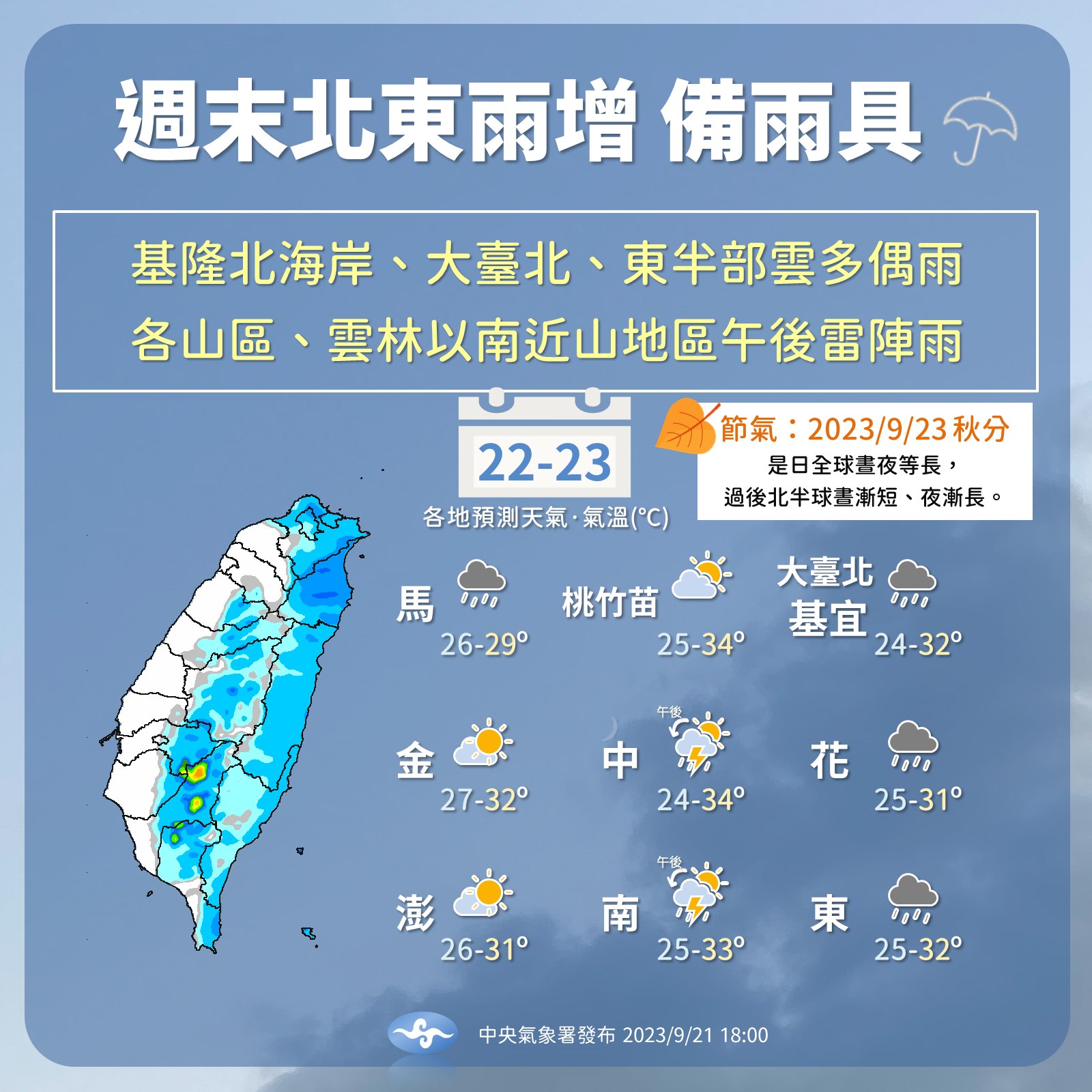 週末大台北、東北部降雨機率增加。（圖／翻攝自中央氣象署臉書） 補班日北部溼答答！中秋連假留意熱帶擾動　「颱風攪局」機率曝