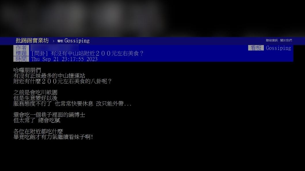 原PO詢問「有沒有中山站附近200元左右美食？」（圖 / 翻攝自PTT）