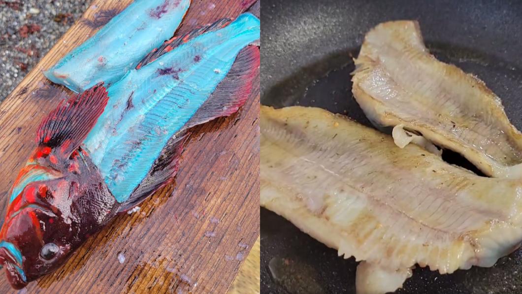 切梅萊克釣到一隻魚肉呈現藍色的魚。（圖／翻攝自The Lodge at Otter Cove臉書）