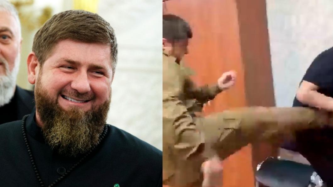 車臣領導人卡迪羅夫說，他對兒子亞當（右圖身穿卡其衣）的行為感到自豪。（圖／達志影像美聯社、@nexta_tv推特）