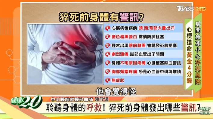 陳欣湄曾《健康2.0》節目列出7種猝死前徵兆。（圖／TVBS） 男星突猝逝！7大猝死前兆快就醫　醫：第7點難逃最可怕