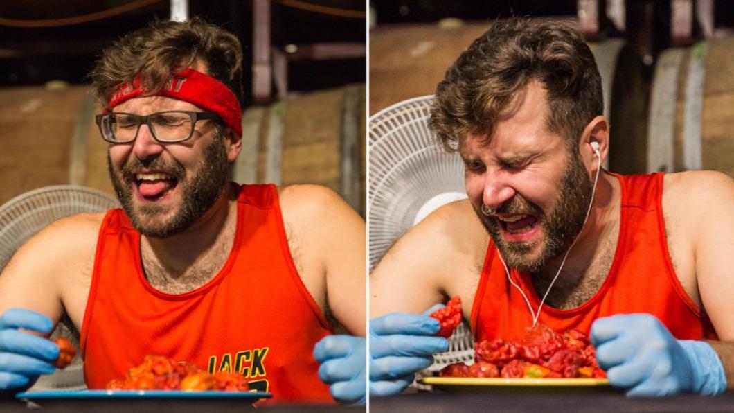 加拿大男子傑克挑戰用最短時間吃下50顆死神椒。（圖／翻攝自@mikejackeatsheat IG）