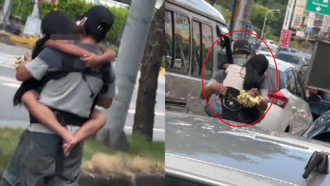 男子抱著女童在車陣中兜售玉蘭花。（圖／翻攝自抖音gemma_zhou）