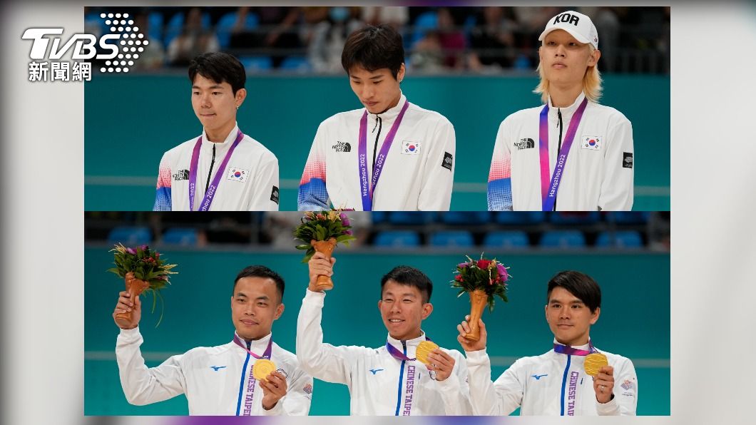 和中華隊（下排）相比，南韓競速溜冰選手表情沉痛，上排左起依序為鄭哲元、崔光浩和崔仁浩。（圖／達志影像美聯社）