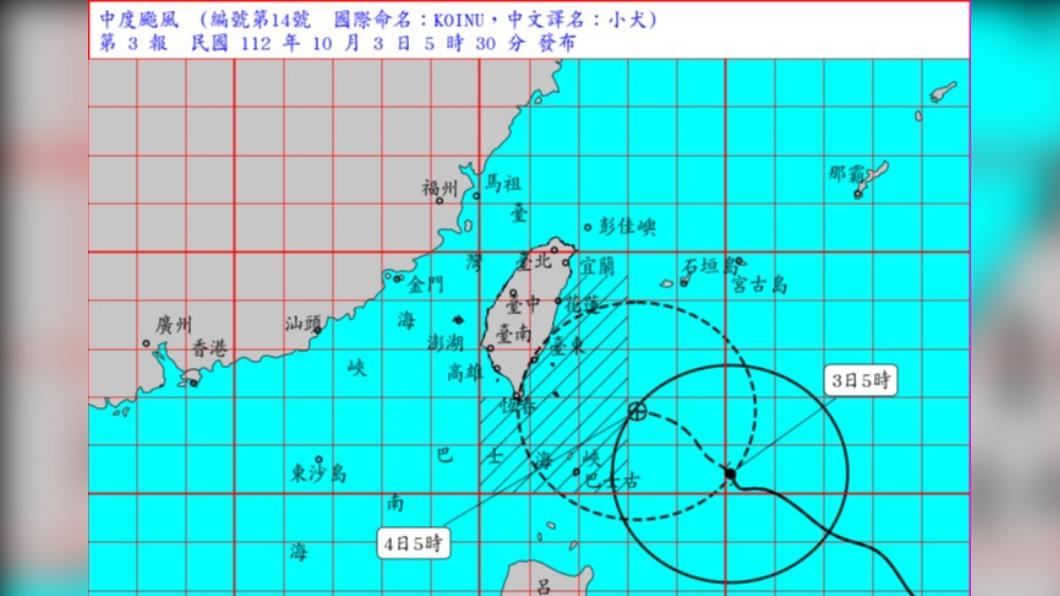 中颱小犬持續進逼台灣，氣象署估今日下午將發陸警。（圖／中央氣象署）