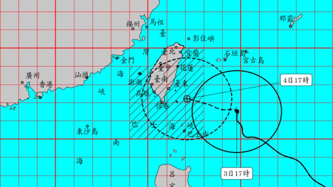 小犬颱風逼近，氣象署稍早將南投、高雄納入警戒區域。（圖／中央氣象署）