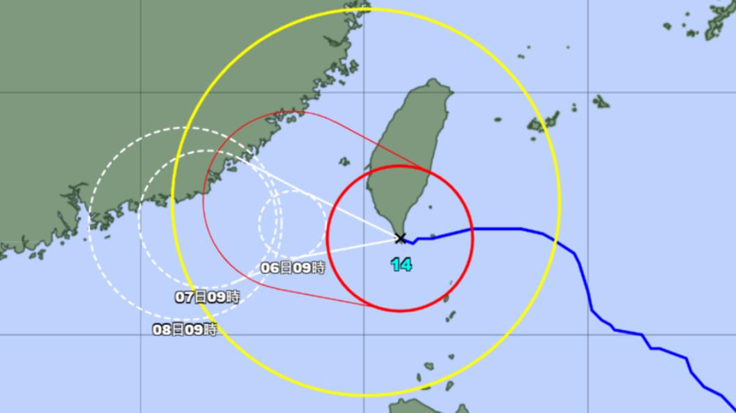 日本預測小犬颱風的紅色暴風區域會橫掃南台灣，黃色的強風區域則覆蓋整個台灣。（圖／翻攝自氣象廳官網）