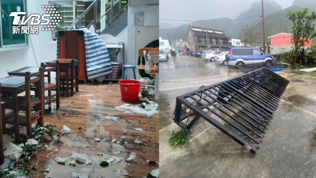 （左）東清國小教室積水、（右）朗島國小鐵柵門被吹壞。（圖／TVBS）