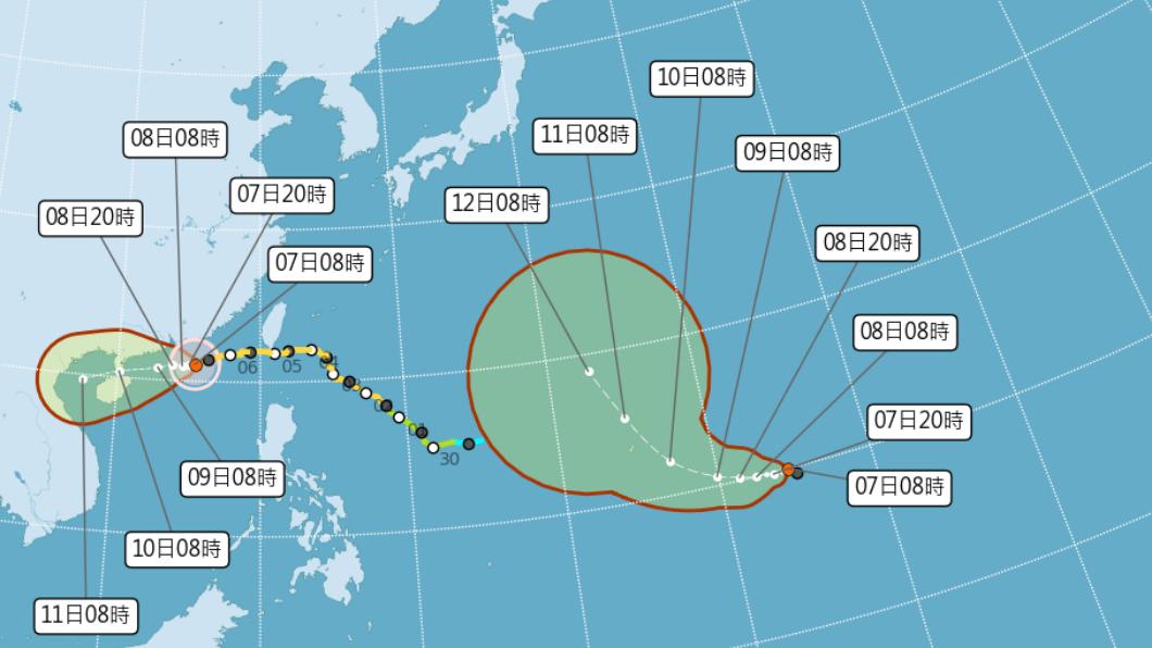 小犬颱風及熱帶性低氣壓TD17最新路徑預測。（圖／中央氣象署）