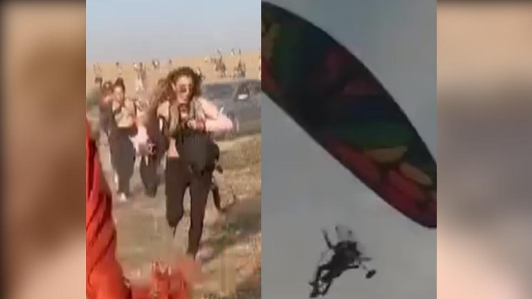 哈瑪斯恐怖份子「動力飛行傘」空降以色列，青年荒漠狂奔逃命。（圖／翻攝自《每日郵報》）