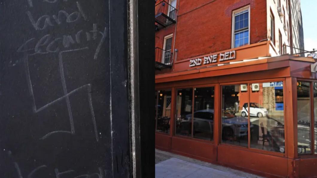 紐約熟食店被反猶人士畫上「納粹黨徽」。（圖／翻攝自《紐約郵報》）