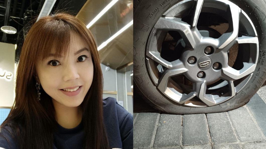 劉樂妍車子輪胎慘遭插爆。（圖／翻攝自劉樂妍微博）