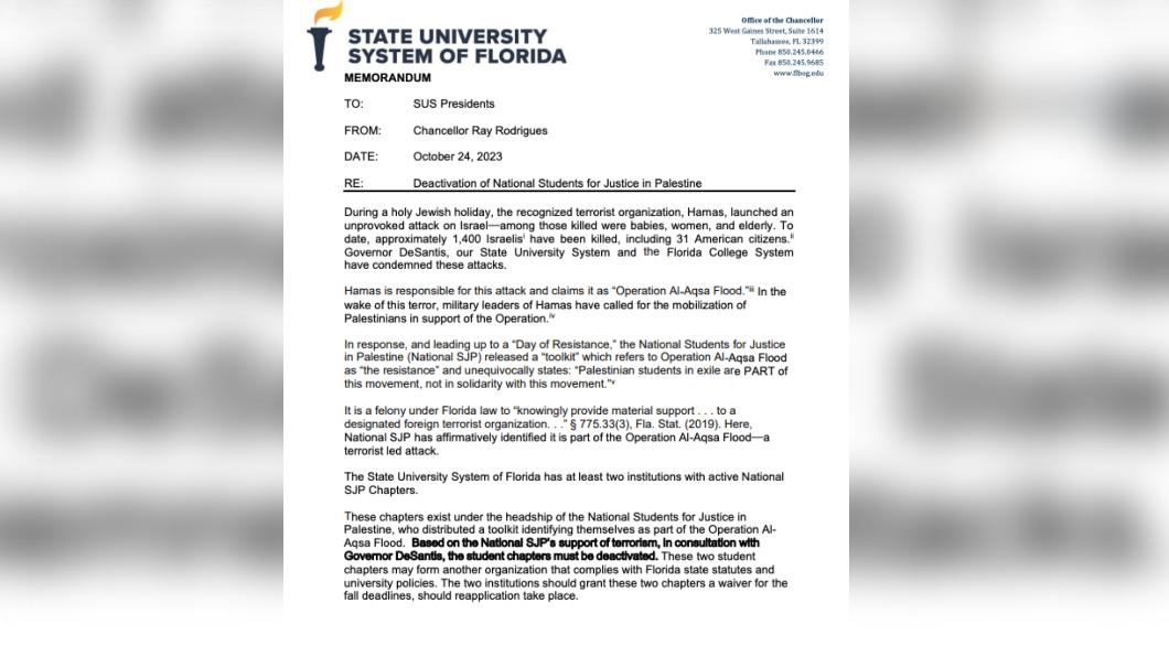 佛羅里達州立大學系統今天下令各大學解散校園內的「巴勒斯坦正義學生團體」。（圖／翻攝自X@MaryMargOlohan）