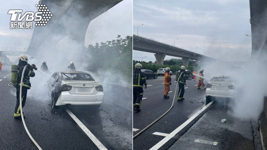 國道1號稍早傳出火燒車，警消到場救援。（圖／TVBS）