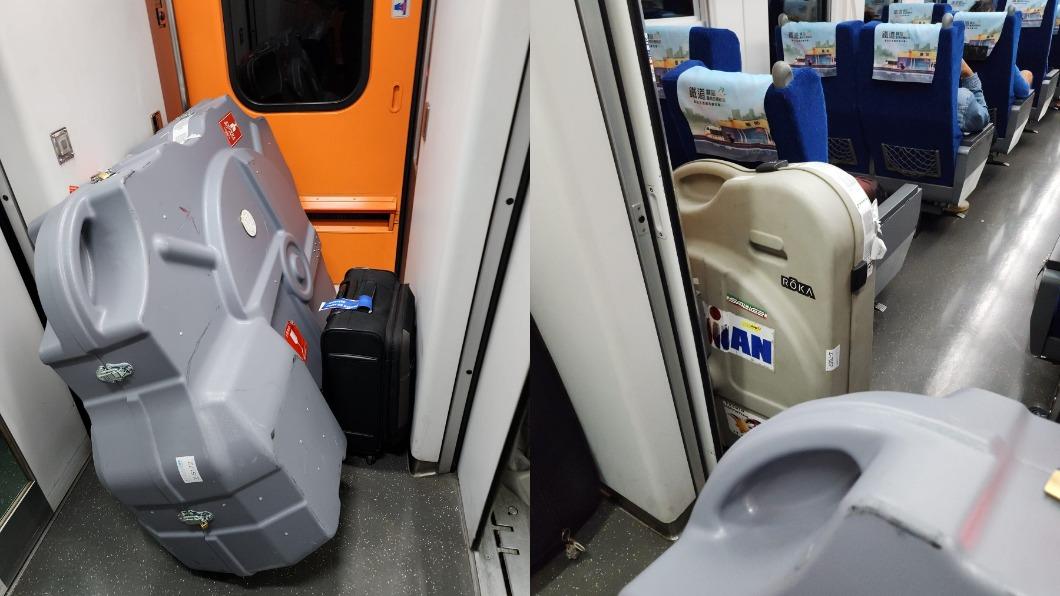有網友在火車上看到好幾個超大型塑膠箱，好奇裡面裝了什麼。（圖／翻攝自爆廢公社）