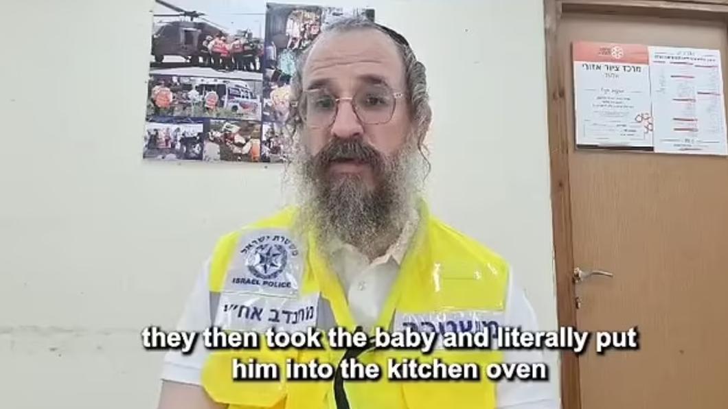 以色列醫護人員表示有哈瑪斯份子將嬰兒放進烤箱「活活烤死」。（圖／翻攝自X@BenjaminSales）