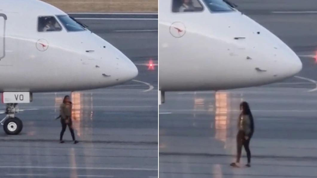 澳洲機場驚傳女子衝上跑道「攔截」飛機的事件。（圖／翻攝自X@fl360aero）