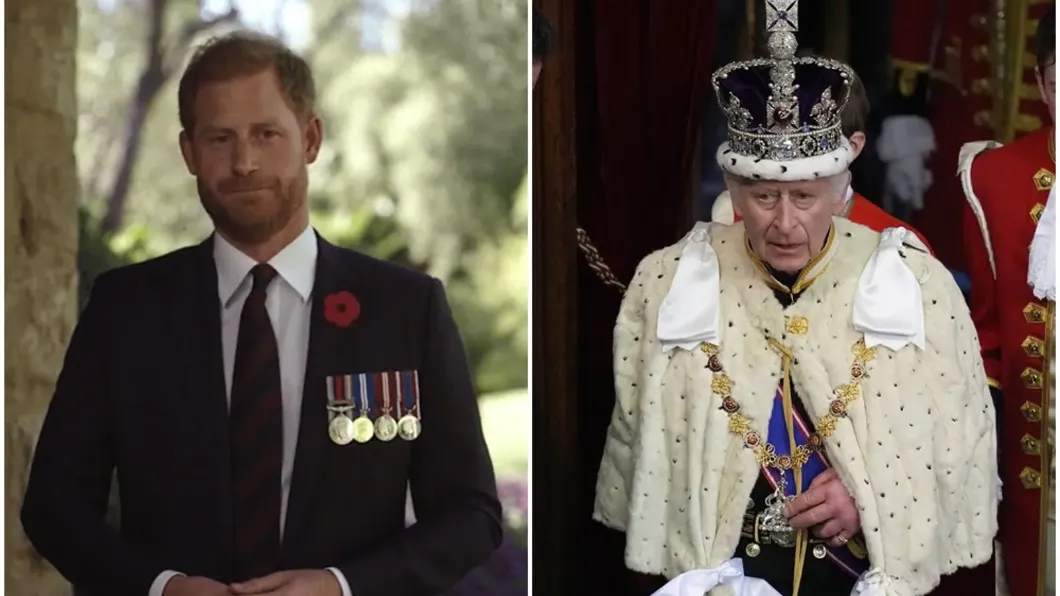 查爾斯三世（右圖）昨參加國會開幕大典，他將迎接75歲生日，小兒子哈利（左圖）沒受邀。（圖／翻攝自The Royal Family臉書／Bob Woodruff Foundation YouTube頻道